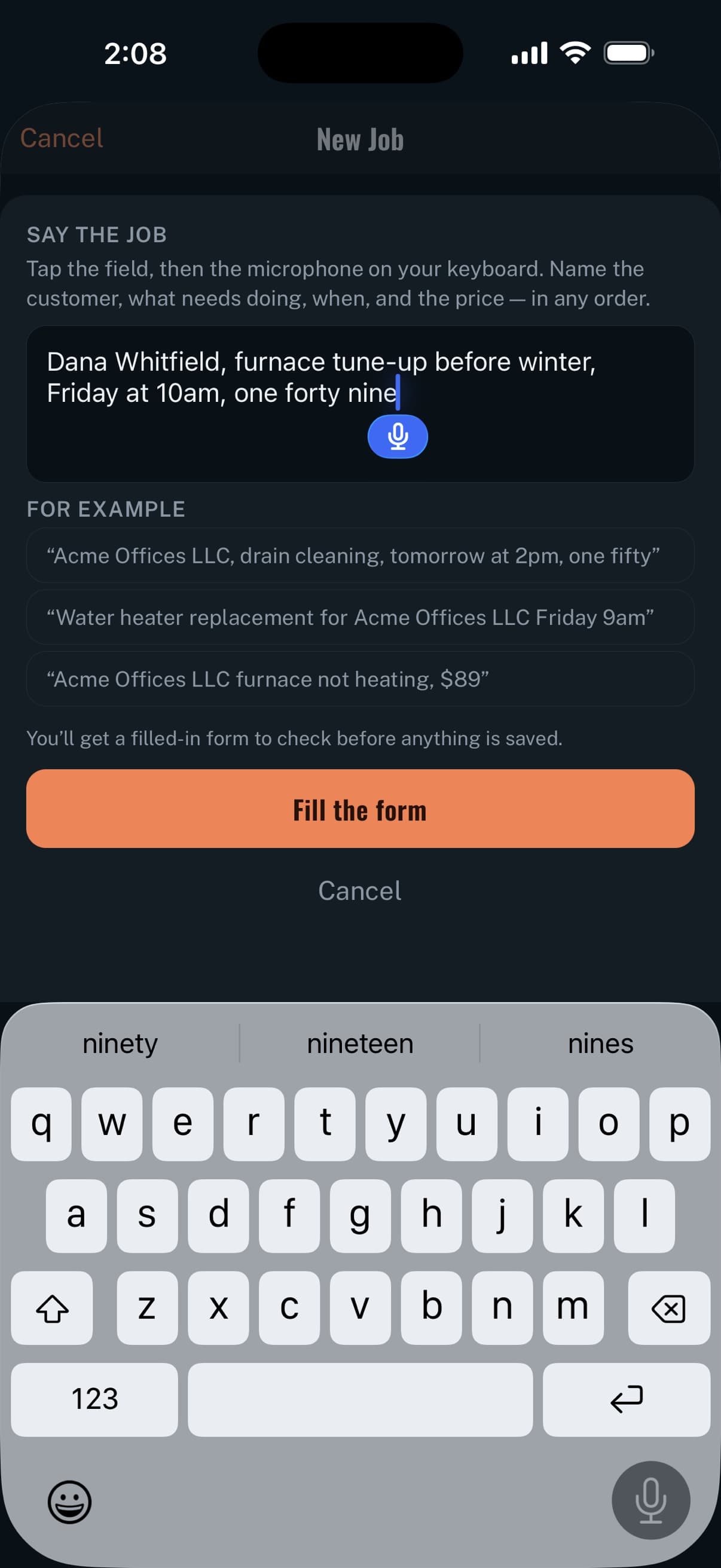 Handro iOS New Job: dictating a job by voice, with the keyboard microphone active and the sentence being filled in